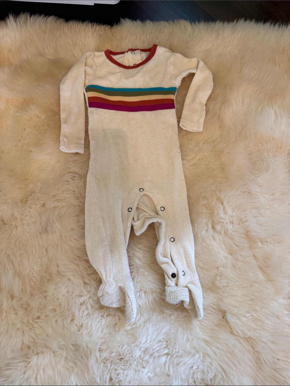 Cream Long-Sleeve Baby Footie with Rainbow Chest Stripes